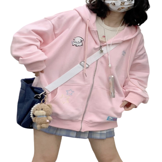 Harajuku Kawaii Pink Zip-Up Hoodie Women Cute Cartoon Beige Oversize Hooded Sweatshirts Korean Fleece Girly Blue Top Sweet