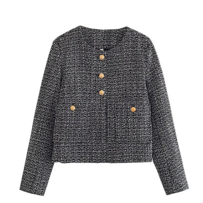 Fashion Tweed Jacket For Women Autumn Winter Long Sleeve Single Breasted Cropped Coat Female Solid O-neck Pocket Outwear Top