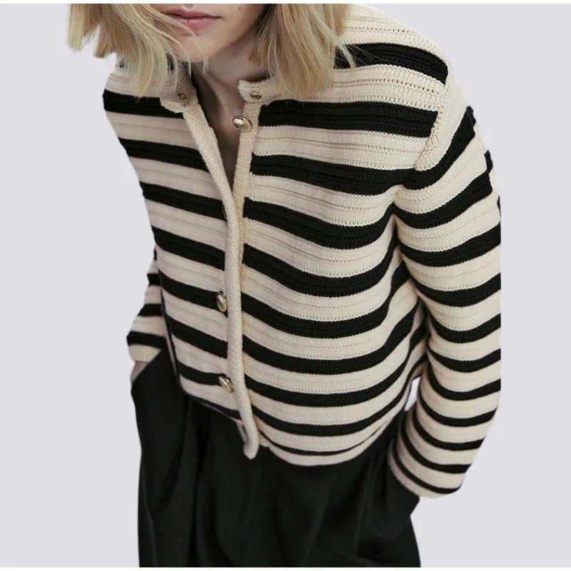 Chic Office Ladies Cardigan Casual Striped O-Neck Outerwear with Long Sleeves and Single-Breasted Design, Perfect for Autumn and Winter Fashion Knitted Sweater