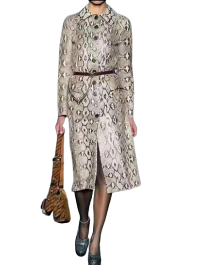 Fashion Runway Trench Python print Coat vintage Single-breasted belt slim snake skin-print shiny-leather long coat for women autumn winter