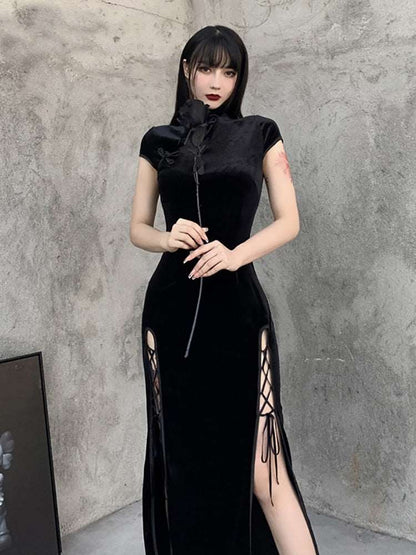 Black SlitHem Bodycon Goth Style Dark Romantic Sexy Evening Dress