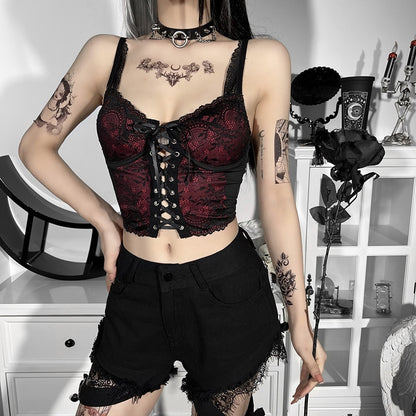 Gothic Cross Print Lace Bodycon Crop Tops Embrace Y2K Aesthetic and Summer Style with Sexy Black and Red Camis for Women and Girls