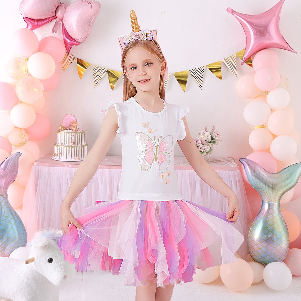 Girls Clothes for Summer Princess Dresses Kids Flare Sleeve Unicorn Print Dress Girls Party Dresses