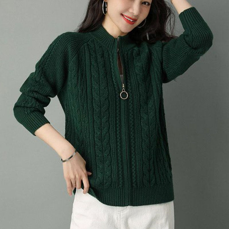 Autumn New Style Women's Knitted Cardigan Jacket: Solid Color Raglan Sleeve, Half High Collar, Thicken Sweater Coat with Zipper