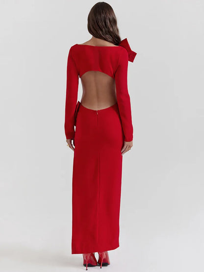 Elegant Bow fashion 2024 Backless Sexy Maxi Dress For Women Fashion Red O Neck Long Sleeve Bodycon Club Party Long Dress New