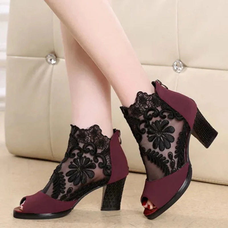 Trendy Women's Spring Shoes Genuine Leather Fashion Boots Ladies Lace Genuine Leather Fashion Boots Female High Heels Round Toe Mid Calf Women Boots Shoes Plus Size