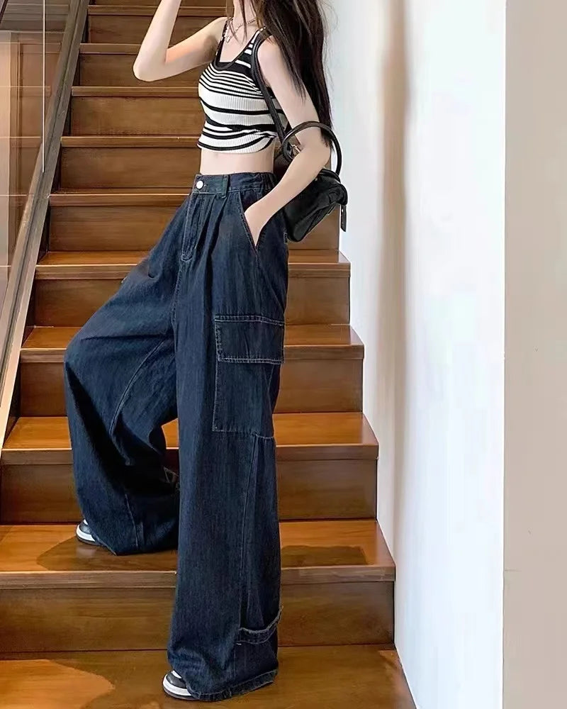 Autumn Women Harajuku Cargo Baggy Blue Jeans Streetwear Hip Hop Oversize Casual Wide Leg Vintage Demin Pants Y2k Loose Trousers