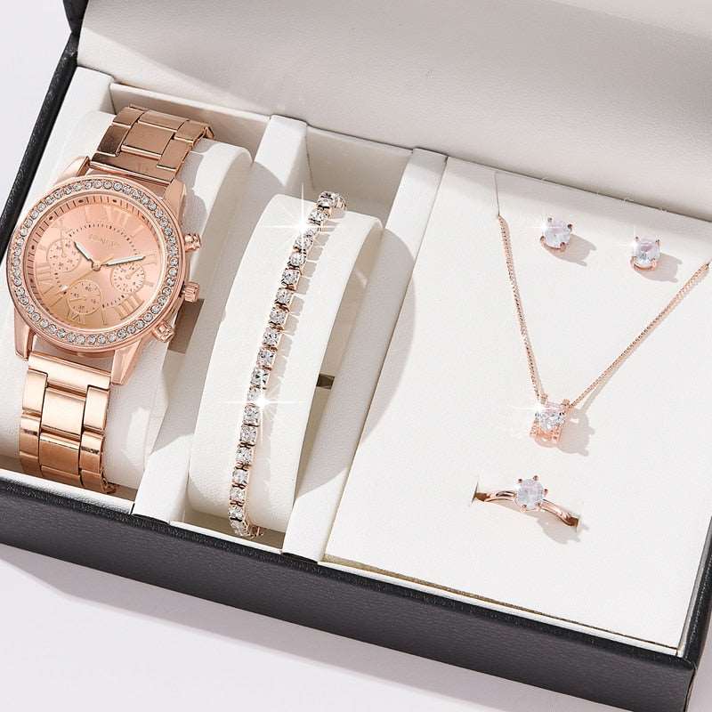 6PCS Gift Set Luxury Watch Ring Necklace Earrings for Women