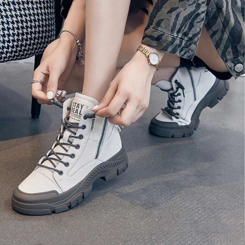 Authentic Leather Boots for Women 2024 Sports Ankle Boots Female Luxury Designer Shoes Woman Flats Platform Heels Rubber Sole