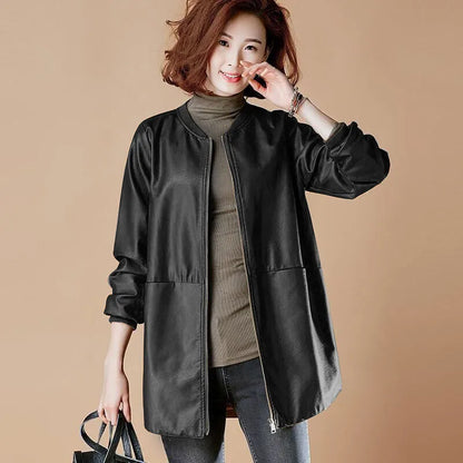 Spring and Autumn Women's Mid-Length PU Leather Jacket Trench Coat