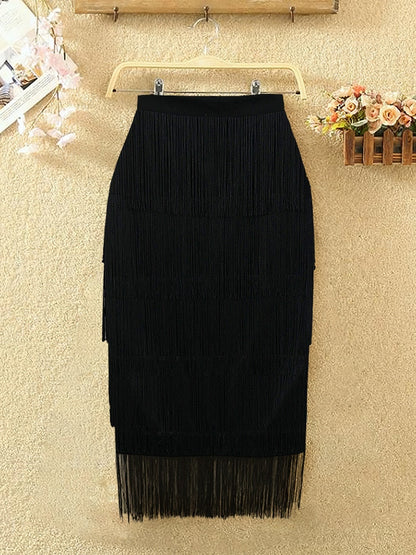 Women Fringe Bodycon Pencil Skirts Black Tassel High Waist Stretch Sheath Midi Length Ladies Slim Elegant Saias faldas Big Size