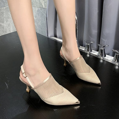 High Heels Sandals Woman Mesh Summer Shoes Women Pumps Pointed Toe Ankle Buckle Strap Ethnic Embroidery Flower Handmade