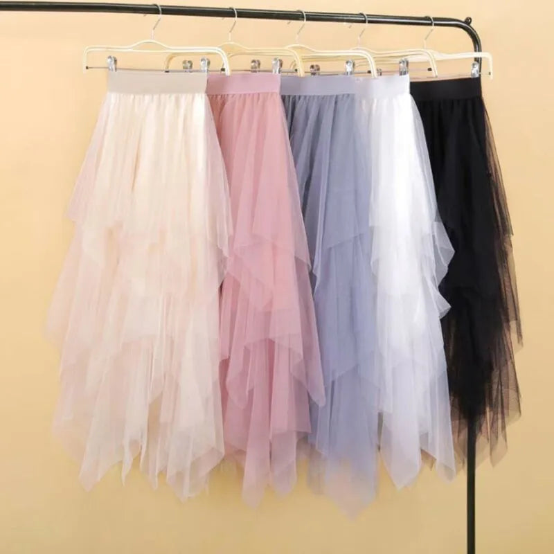 Sensual Pleats and Mesh Elegance Women's Ruffled Irregular Fashion Midi Skirts – Korean-inspired Elastic High Waist Tulle Tutu Skirt