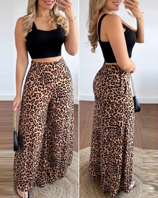 Latest Summer Fashion Two Piece Sets Women Outfits - Square Neck Sleeveless Crop Tank Top & Leopard Print Pocket Wide Leg Pants