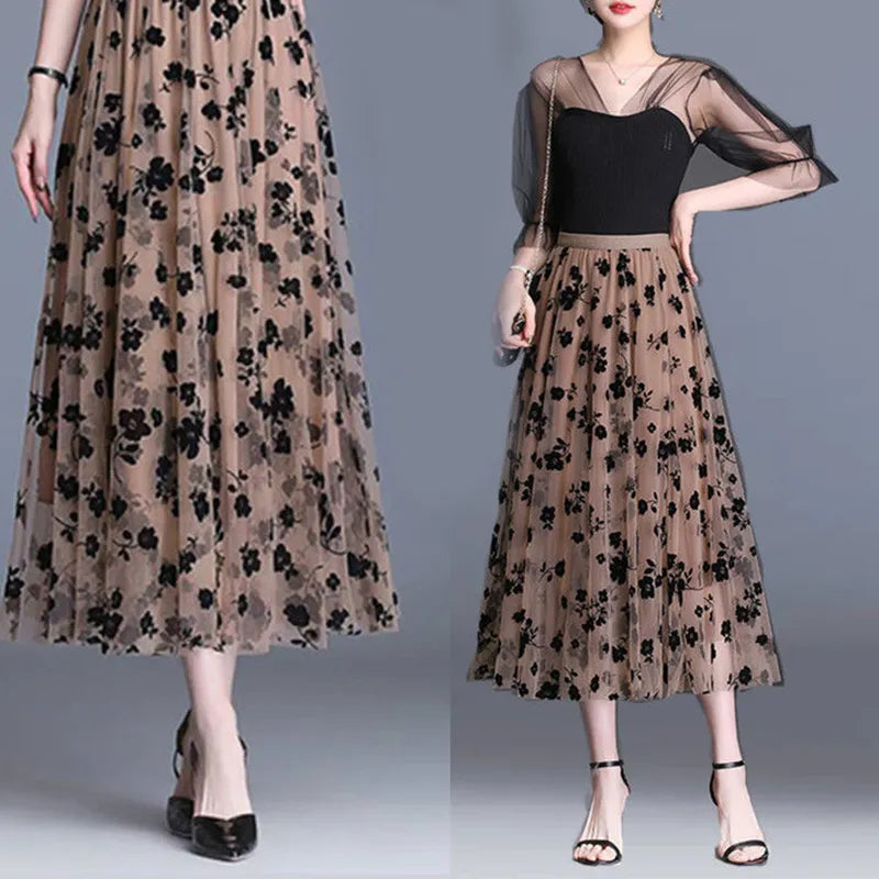 Elegant Mid-length All-match High-waist Slimming Flocking Floral Mesh Long Gauze Skirts Women  Autumn Winter High Waisted