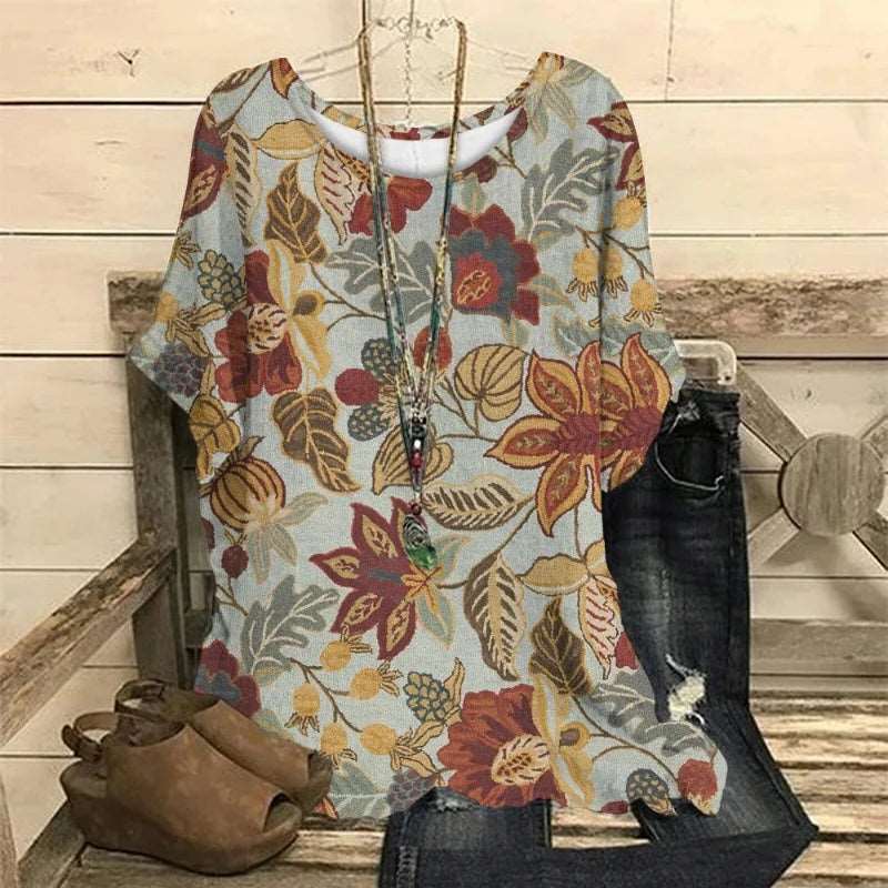 2024 Round Collar Flower Print Tops - Spring/Summer Edition, Loose Fit, Short Sleeves, Oversized Tee Shirt