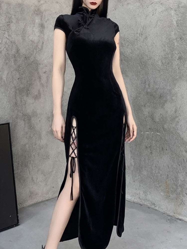 Black SlitHem Bodycon Goth Style Dark Romantic Sexy Evening Dress