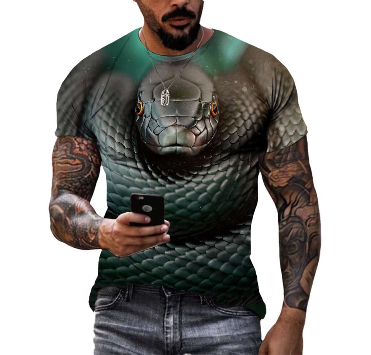 Animal Python Pattern 3D Printed Summer Men's T-shirt - Hip Hop Alternative Personality, Quick-drying, Loose Crewneck Short Sleeve