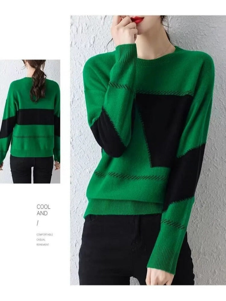 Korean Fashion O-Collar Neck Pullover Autumn Winter Knitting Sweater with Color Blocking, Plush & Thickened for an All-Match Bottoming Shirt Look