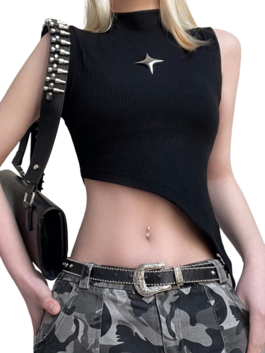 Dark Academia Rivet Patchwork Crop Tops