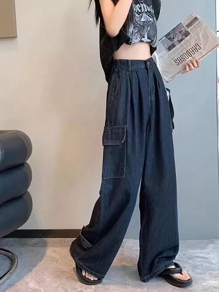 Autumn Women Harajuku Cargo Baggy Blue Jeans Streetwear Hip Hop Oversize Casual Wide Leg Vintage Demin Pants Y2k Loose Trousers