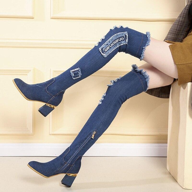 Womens Denim Boots Over The Knee Pointed Toe Thick High Heels Shoes Woman Casual Tassel Cut Out Jeans Long boot Botas Mujer