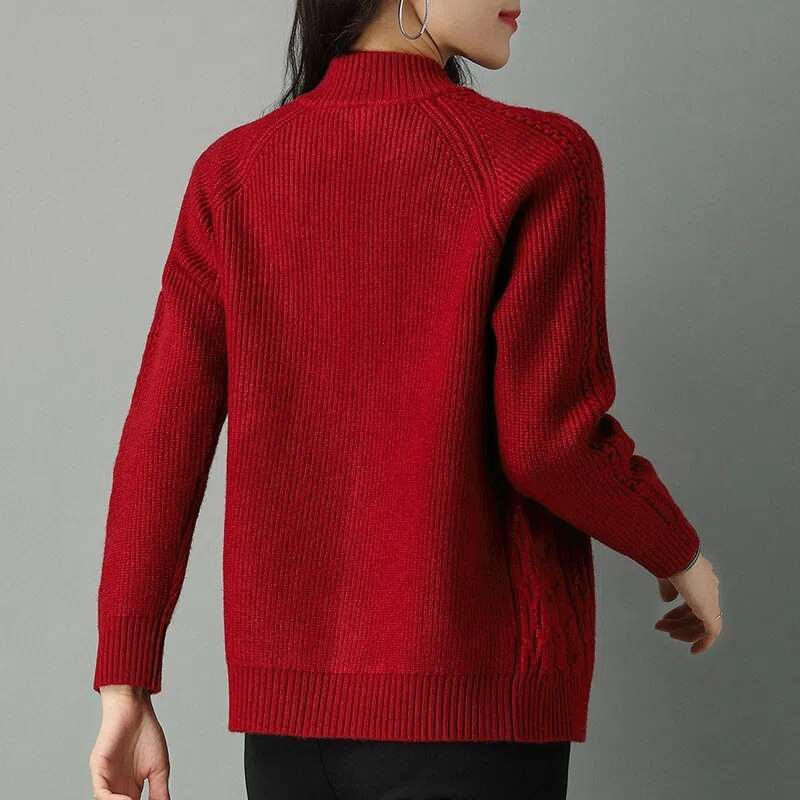 Autumn New Style Women's Knitted Cardigan Jacket: Solid Color Raglan Sleeve, Half High Collar, Thicken Sweater Coat with Zipper