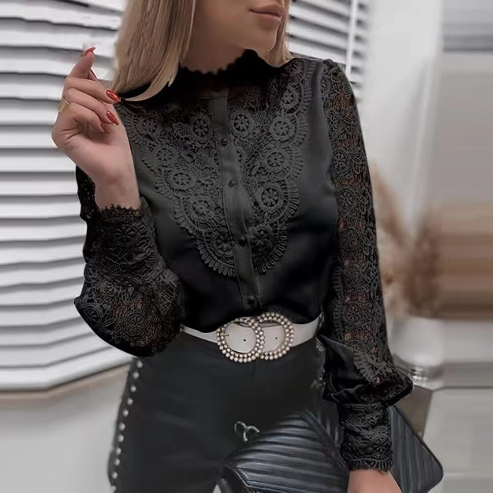 Lace Patchwork Hollow Out Shirt Blouse Long Sleeve O-Neck Mesh Tops 2023