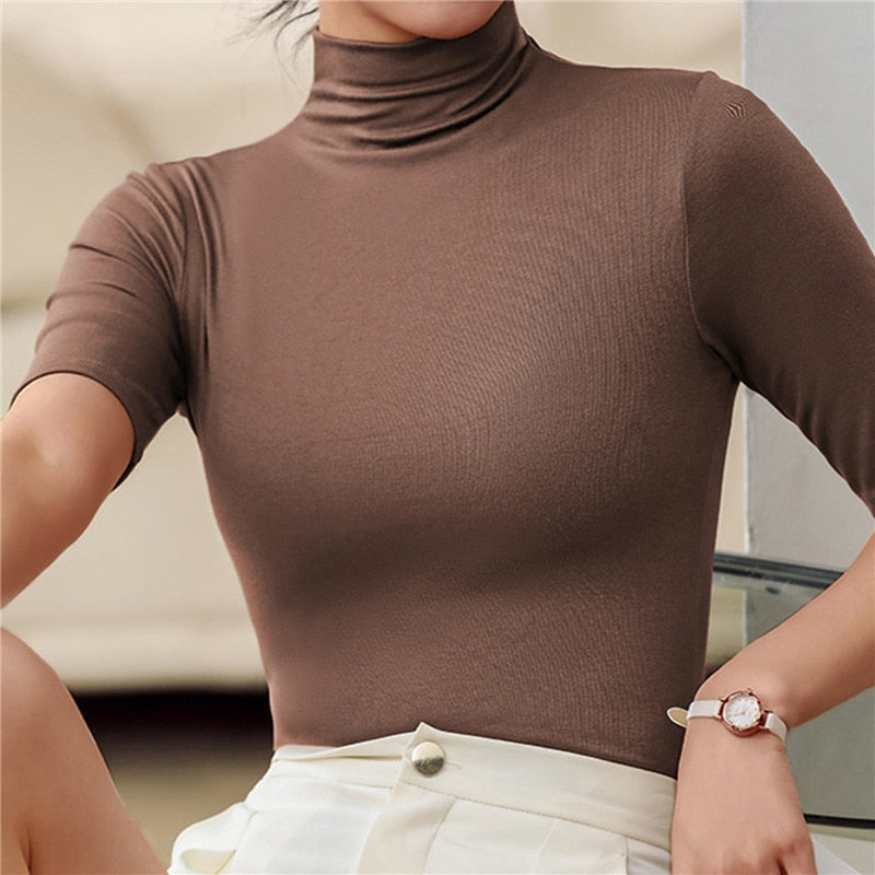 High Street Women's Blouse Half Turtleneck Short Sleeve Slim T-Shirt in Milk Silk