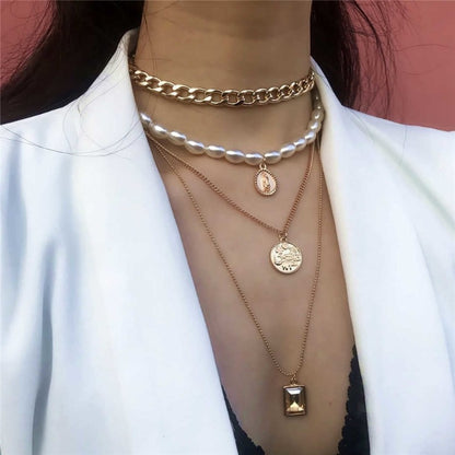 Punk Multi Layered Pearl Choker Necklace Mary Coin Crystal Pendant Necklace