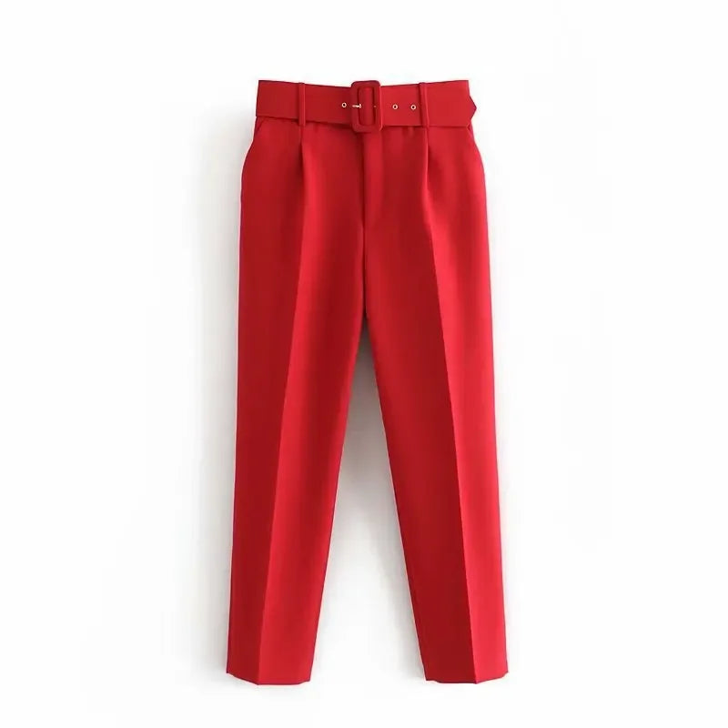 2005 New Spring Fall Solid Color High-waisted Straight Career Commuter  Pants Women's, Multi-color Casual Female Pants with Belt