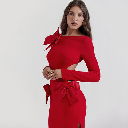 Elegant Bow fashion 2024 Backless Sexy Maxi Dress For Women Fashion Red O Neck Long Sleeve Bodycon Club Party Long Dress New