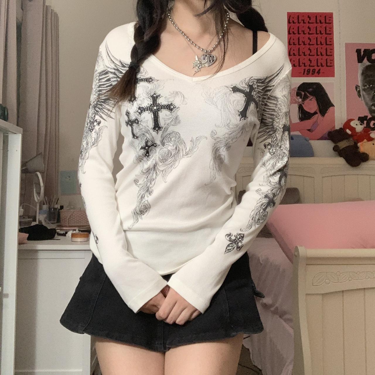 Floral Crop Tops Ribbed Knitted Grunge Fairycore T-Shirt | White Frill Long Sleeve | Kawaii Autumn Sweet Tee | Women's Fashion