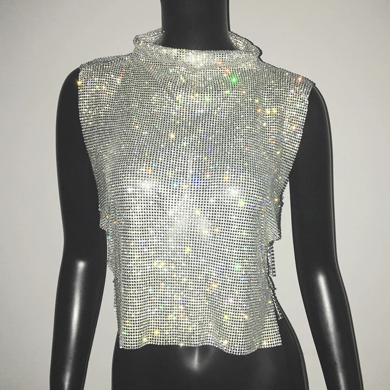 Sexy Rhinestone Glitter Turtleneck T-Shirt Women Backless Party Crop Top Adjustable Metal Chain Diamond Tank Top Summer Nightclub 2025