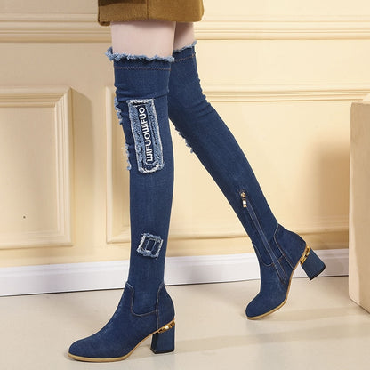 Womens Denim Boots Over The Knee Pointed Toe Thick High Heels Shoes Woman Casual Tassel Cut Out Jeans Long boot Botas Mujer