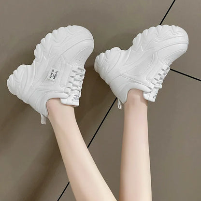 Chunky Sneakers Women's Spring & Autumn Fashion with Thick Bottom, White & Black PU Leather Platform Dad Shoes for Ladies