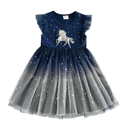 Girls Clothes for Summer Princess Dresses Kids Flare Sleeve Unicorn Print Dress Girls Party Dresses