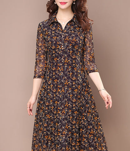 Long Sleeve Dress Women Floral Print Elegant Turndown Collar Summer Female Clothing Slim All-match Casual Button Midi Dress Robe