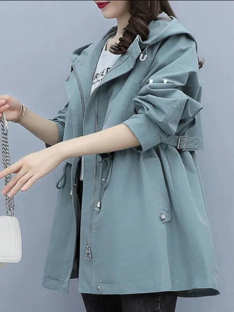  Women's Mid-length Trench Coat Hooded Zipper, British Style Loose Coats.