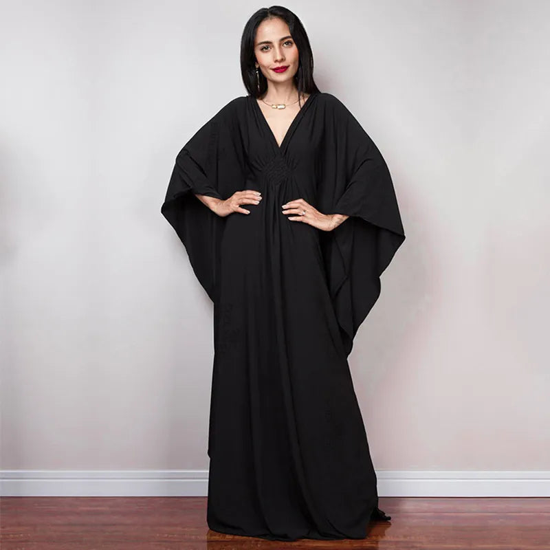 Solid V-neck Batwing Sleeve Plus Size Kaftan Loose Maxi Dopamine Dresses 