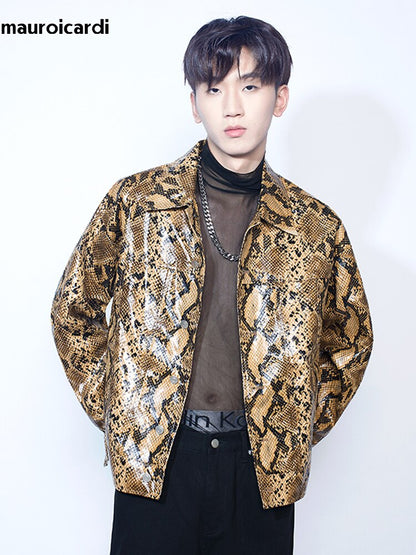 Spring Autumn Loose Cool Shiny Colorful Snakeskin Print Pu Leather Jacket Men Luxury Designer Clothes Streeetwear