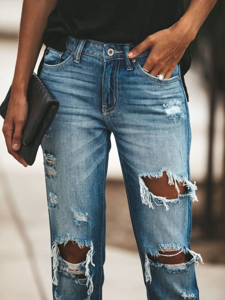 New Women Fashion Mid Waist Boyfriend Big Ripped Hole Jeans Casual High Street Denim Pants Sexy Vintage Pencil Calca Jeans