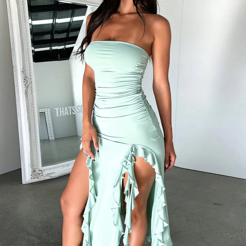 Elegant Ruffles Off Shoulder Women Midi Dress Sexy Strapless Off Shoulder Slim Fit Dress Female Beach Holiday Dress Vestido