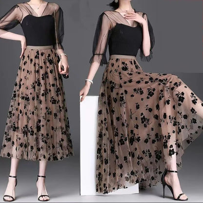 Mid-length All-match High-waist Slimming Flocking Floral Mesh Long Gauze Skirts