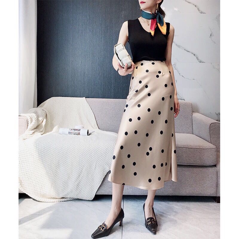 Summer High-waisted Skirt Womens 2023 Vintage Zipper Dots Satin Silk A-line Long Skirts Office Lady Champagne Slim Women Skirt