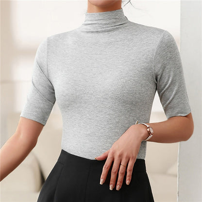 High Street Women's Blouse Half Turtleneck Short Sleeve Slim T-Shirt in Milk Silk