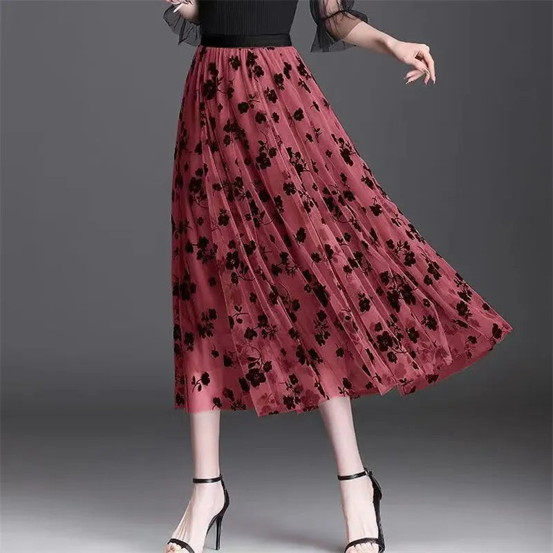 Mid-length All-match High-waist Slimming Flocking Floral Mesh Long Gauze Skirts