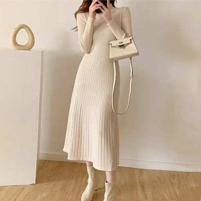 Autumn Winter Slim Long Sleeve Party Midi Dress for Women Knitted Half High Collar Elegant Knitted Sweater Dresses Ladies