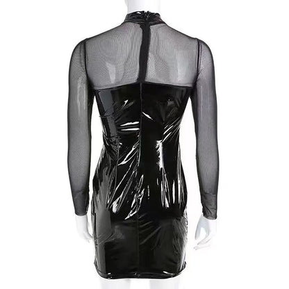 Shop the Sensational Women's Shiny Leather Sheath Bag Hip Dress with Transparent Mesh | Trendy Bodycon Style