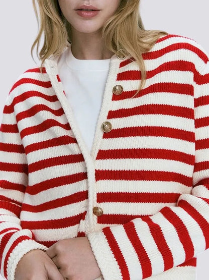 Chic Office Ladies Cardigan Casual Striped O-Neck Outerwear with Long Sleeves and Single-Breasted Design, Perfect for Autumn and Winter Fashion Knitted Sweater